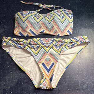 L*Space Bikini Top+Bottom Aztec Print Removable Padding Yellow Blue Lace Up Sz L